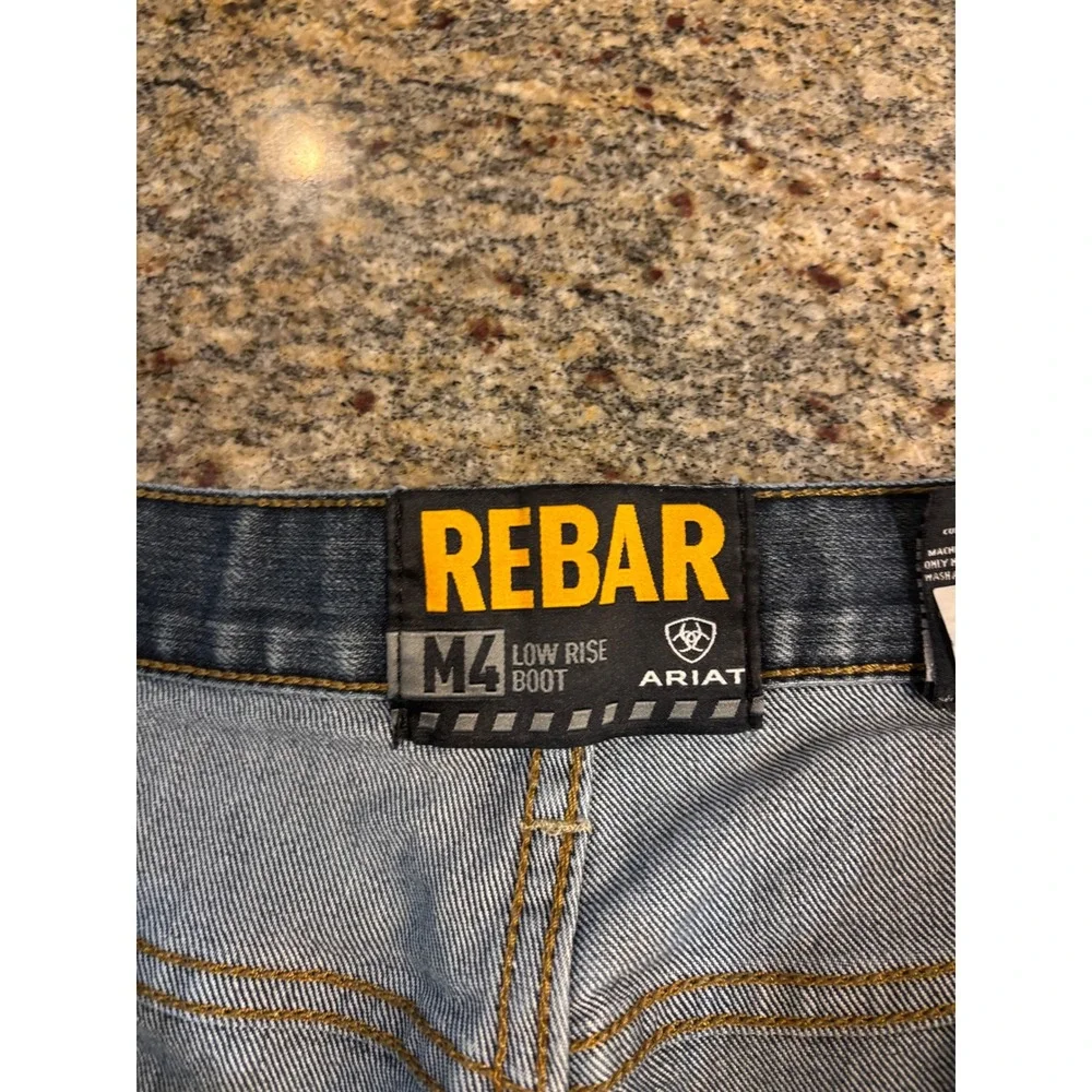 Ariat Rebar M4 Low Rise Boot Cut Jeans Mens 38W 33L Blue Denim Pants Distressed‎